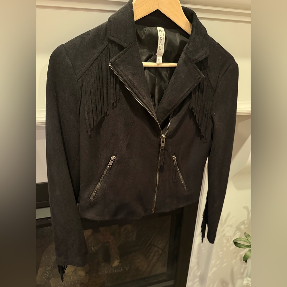Mural Black Fringe faux suede Moto Jacket XS Cropped Western Boho